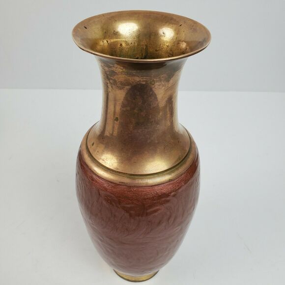 Vintage Mid Century Brass Foundry Vase ART Hand Painted 10 Inch Tall - Picture 2 of 6